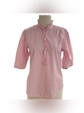 Ann Mashburn Pink Stripe Frill Cotton Popover Blouse, size S